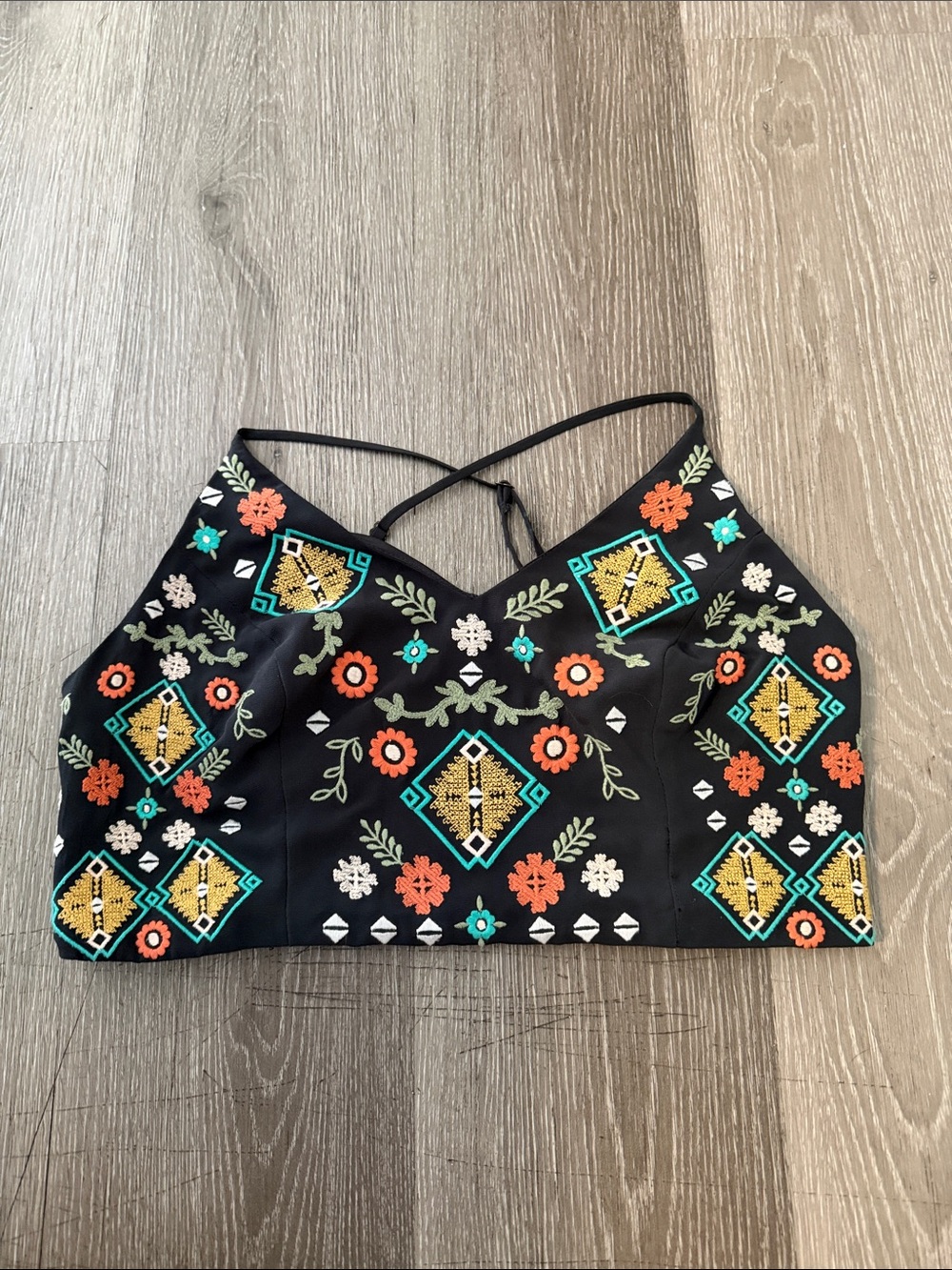 Embroidered Black Floral Crop Tank Top - Strappy Back